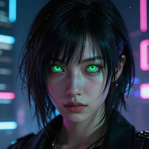 Digital CGI portrait of an Asian woman with glowing green eyes, black messy hair, and pale skin, set against a neon-lit urban background.