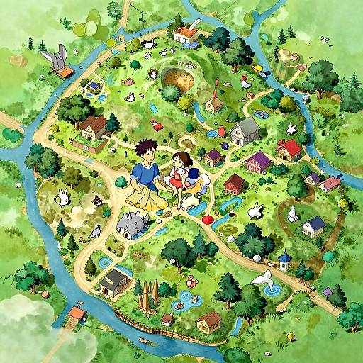 Vibrant digital illustration of a quaint, detailed village map featuring colorful houses, winding paths, rivers, trees, and various characters.