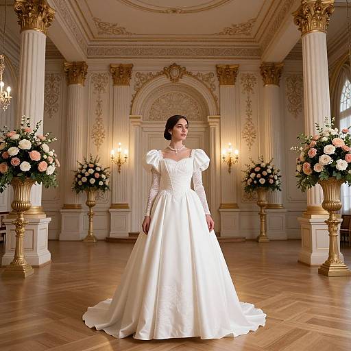 Photograph of a bride in an elegant white, puffy-sleeved wedding gown, standing in a grand, ornately decorated ballroom with gold