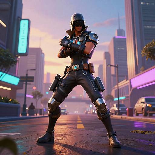 CGI image of a muscular, armored, futuristic cop standing confidently on a neon-lit, empty city street at sunset, holding a gun, with