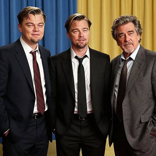 Photograph of three men in black suits and ties, standing side by side, in front of blue and yellow curtains. Two younger men with blond hair