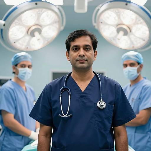 Photograph of a serious male doctor with dark hair, wearing navy scrubs and stethoscope, standing in a brightly lit, modern surgical room with