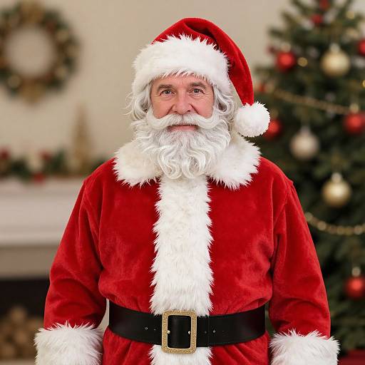 Photograph of a smiling elderly Santa Claus with a white beard, red velvet suit, white fur trim, black belt, and a Christmas tree in the