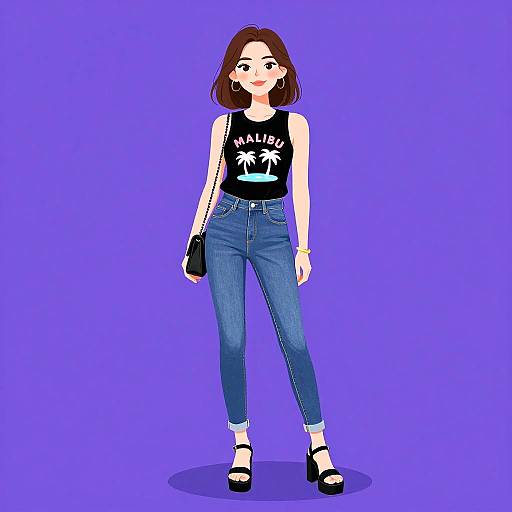 Digital illustration of a young woman with brown hair, wearing a black 