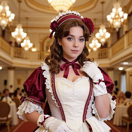 Photograph of a young woman in a detailed, Victorian-style, burgundy and white French maid costume with lace trim, maroon ribbon, and head