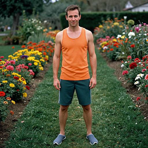 Photograph of a muscular, young white man in an orange tank top and green shorts, standing on a grassy garden path with colorful flowerbeds