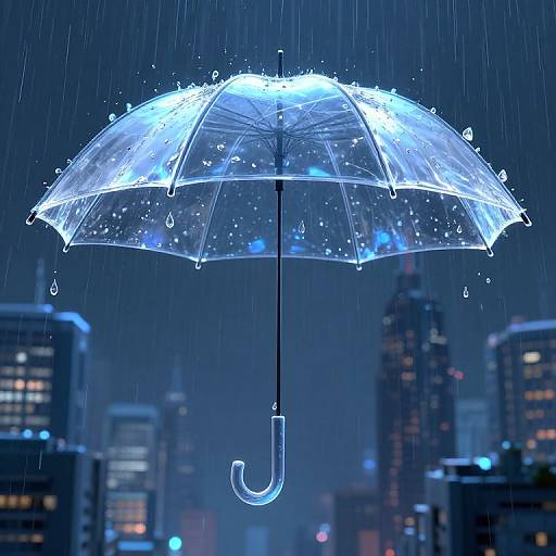 Photograph of a glowing, translucent umbrella with raindrops, centered against a dark, rainy cityscape with illuminated skyscrapers in the background.