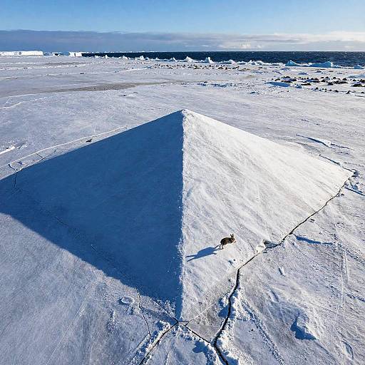Photograph of a snow-covered landscape featuring a large, shadow-casting pyramid in the center, with cracked ice and distant icebergs under a clear