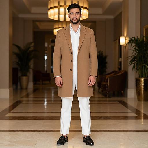 Photograph of a bearded man in a tan coat, white shirt, white pants, and black shoes, standing in a luxurious, warmly lit hallway