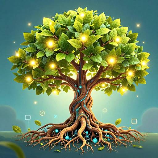 Digital artwork of a glowing, magical tree with yellow leaves, illuminated by bright orbs, showing intricate roots with blue hexagons.