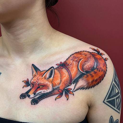 Vibrant Fox Tattoo with Floral Tendrils