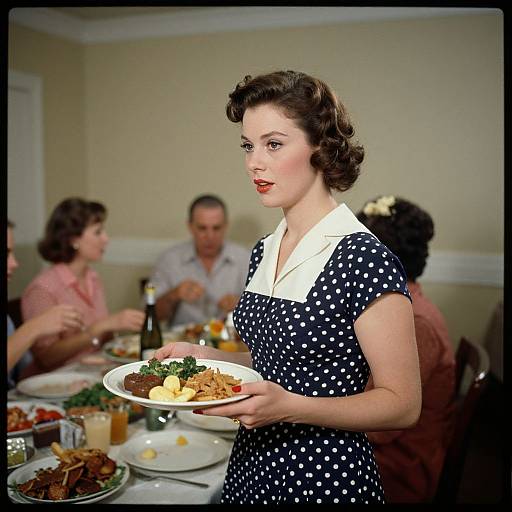 Photograph of 1950s-style woman with short brown curls, red lipstick, polka dot dress, serving meal at family dinner table.