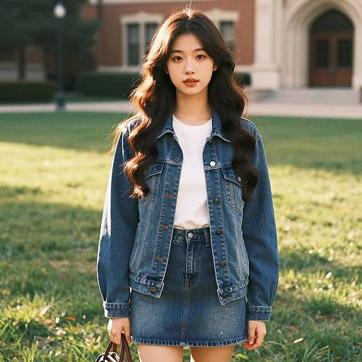 Photograph of an Asian woman with long, wavy black hair, wearing a denim jacket and skirt, white top, standing on a sunlit grass
