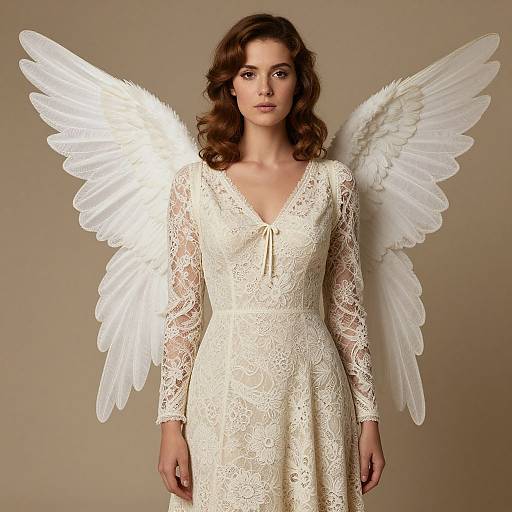 Photograph of a beautiful woman with wavy brown hair, wearing a white lace dress and large, detailed white angel wings, standing against a beige background