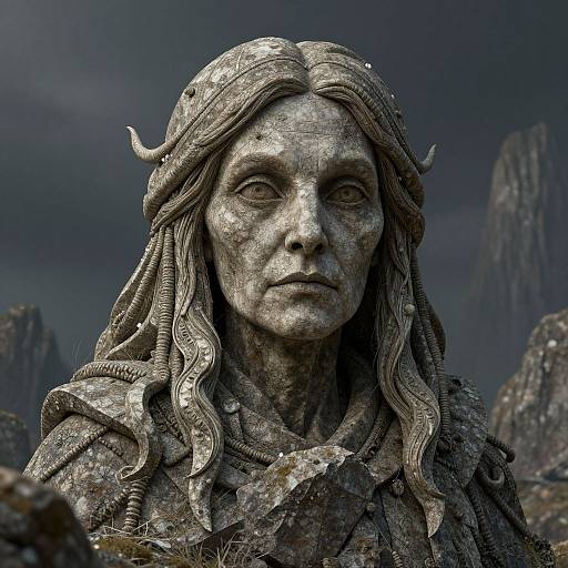 Photorealistic digital artwork of a weathered, stone-like statue of a stern-faced woman with long, wavy hair, set against a dark,