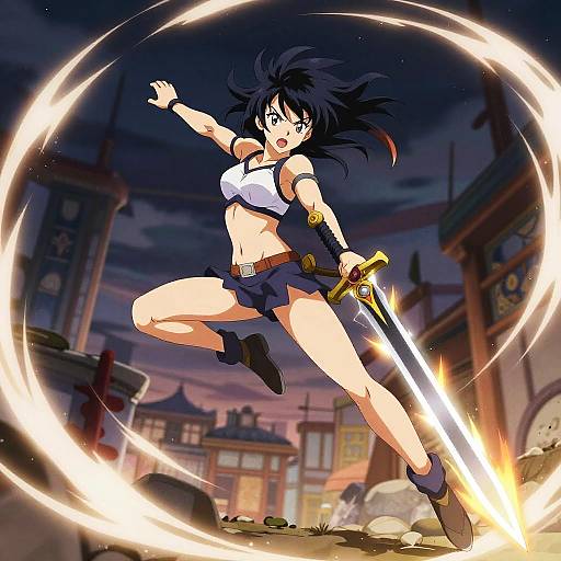 Anime-style digital drawing of a fierce, black-haired, mid-air sword-wielding woman in a white crop top, blue shorts, and boots, surrounded
