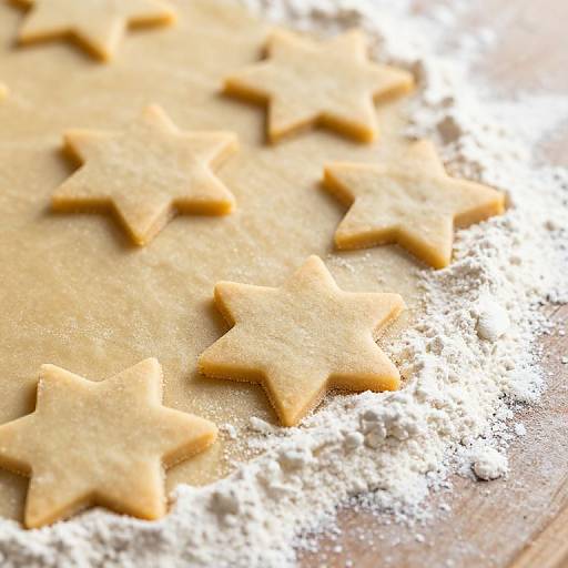 Close-up photograph of star-shaped sugar cookies on a wooden surface, dusted with flour, arranged in a diagonal pattern.