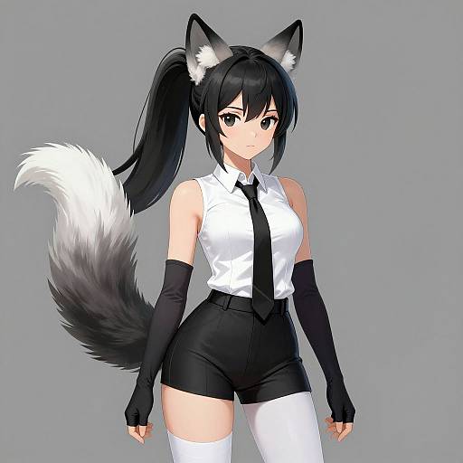 Anime-style drawing of a black-haired girl with fox ears and tail, wearing a white shirt, black tie, black shorts, gloves, and thigh-high