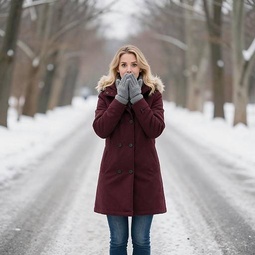 Surprised Blonde Woman on Snowy Road
