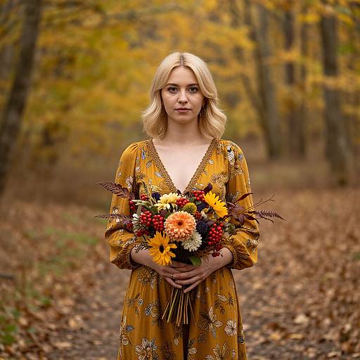 Photograph of a blonde woman with fair skin, wearing a yellow floral dress, holding a vibrant autumnal bouquet, standing on a leaf-strewn