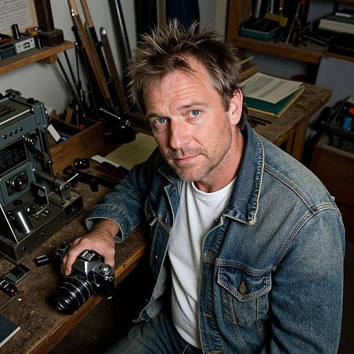 Photograph of a middle-aged man with spiky brown hair, blue eyes, and light stubble, wearing a denim jacket over a white shirt,