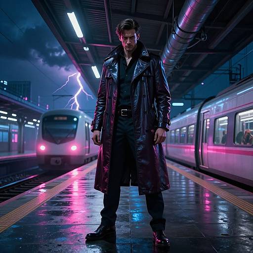 Photograph: Brooding man in black leather trench coat stands on neon-lit, rain-soaked train platform with lightning, approaching trains. Moody,