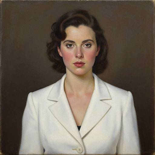 Photorealistic digital painting of a serious woman with short, wavy dark brown hair, wearing a white blazer, against a dark background.