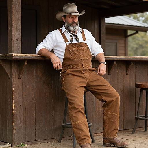 Photograph of a bearded man with a gray mustache, wearing a cowboy hat, white shirt, brown overalls, leaning against a wooden bar