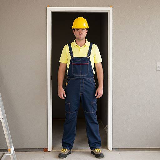 Photograph of a male construction worker standing in a doorway, wearing yellow helmet, yellow shirt, black overalls, and yellow shoes.