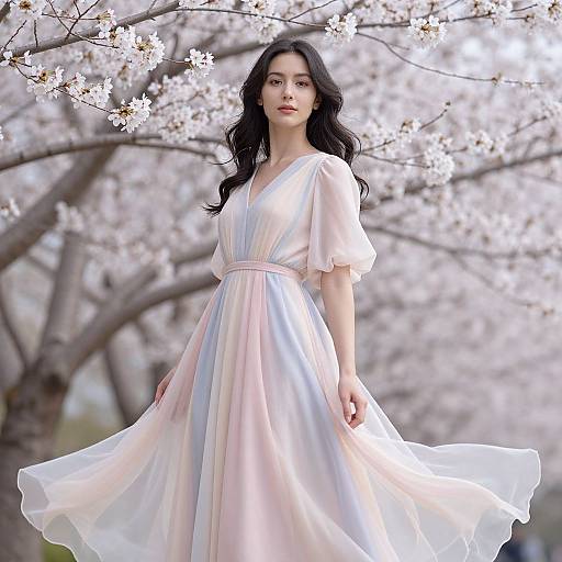Photograph of an Asian woman with long black hair, wearing a flowing, pastel-colored, V-neck dress, standing amidst blooming cherry blossoms