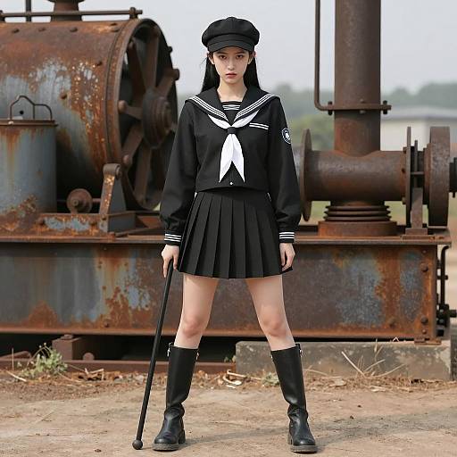 Woman in Black Sailor Outfit with Baton