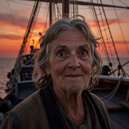 Photograph of an elderly woman with wavy gray hair, wrinkled face, and kind expression, standing on a ship at sunset with a vibrant orange