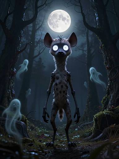 Digital artwork of a glowing-eyed, humanoid hyena standing in a dark, eerie forest under a full moon, surrounded by floating ghostly spirits.
