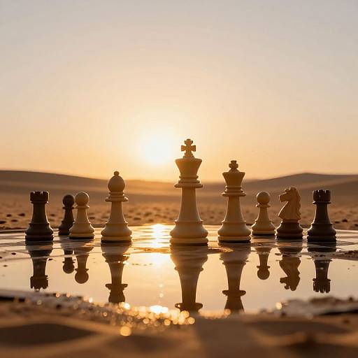 Photograph of a chessboard with silhouetted chess pieces, including a king, at sunset, reflecting in a puddle on a sandy surface