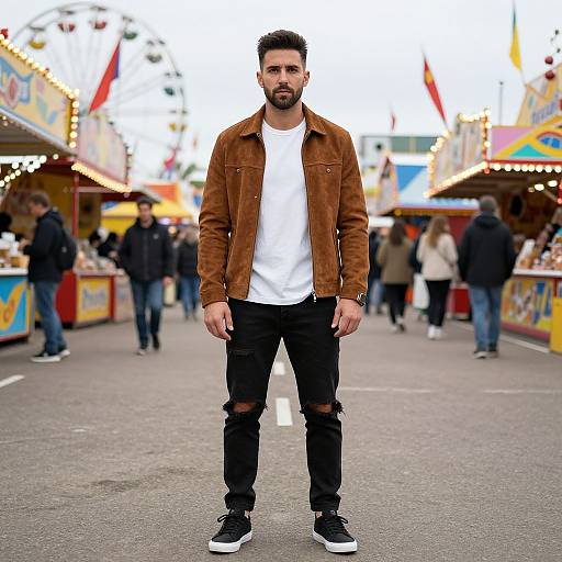Confident Man Standing at Busy Fairground