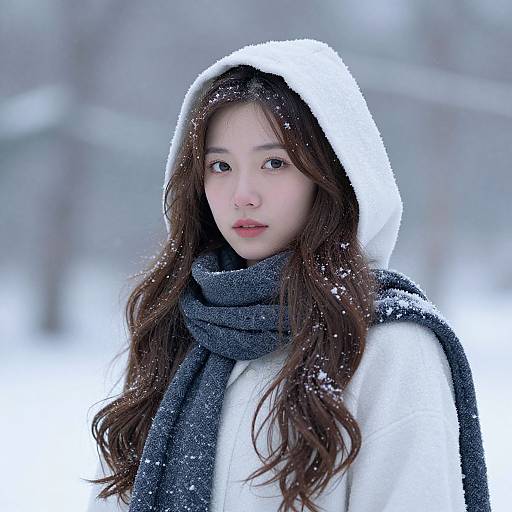 Photograph of a young Asian woman with long brown hair, wearing a white hooded coat and gray scarf, standing in a snowy, blurred winter landscape