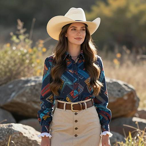Woman in Traditional Western Outfit with Cowboy Hat