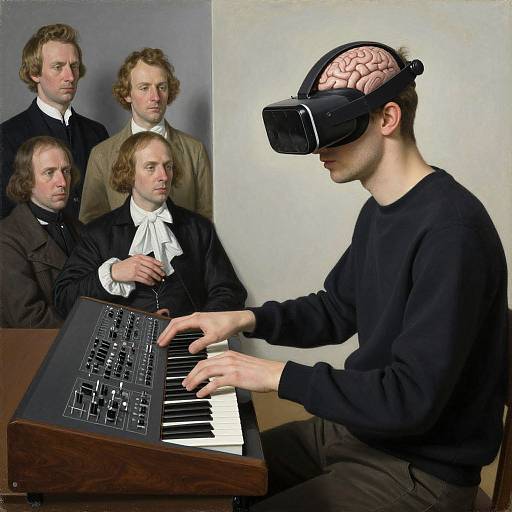 Photograph of a modern man with a virtual reality headset, exposing his brain, playing a vintage keyboard, surrounded by historical portraits.
