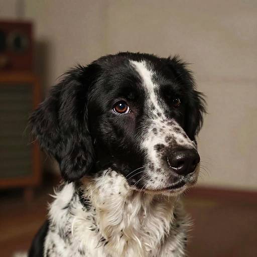 Close-up photograph of a black and white Border Collie with expressive brown eyes, fluffy fur, and a white-spotted nose, standing indoors against a