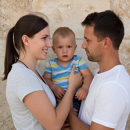 Photograph of a smiling Caucasian woman with dark hair in a ponytail, a man with short dark hair in a white shirt, and a blonde toddler