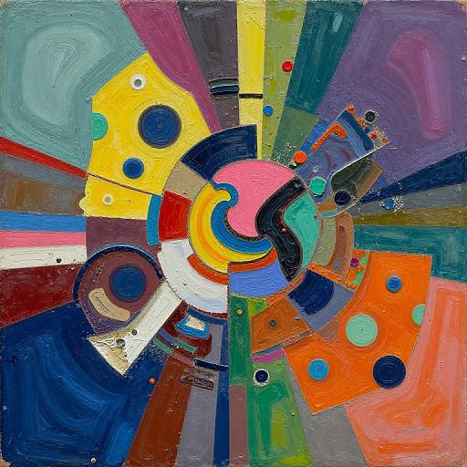 Vibrant abstract painting with geometric shapes and bold colors, including yellow, red, blue, and green, creating a dynamic, swirling composition.