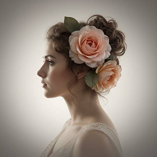 Photograph of a side-profile young woman with fair skin, brown wavy hair in an updo, adorned with large pink and peach roses, wearing