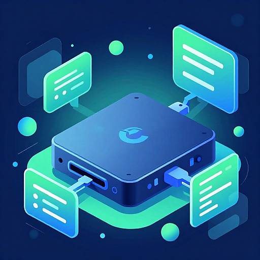 Digital illustration of a blue, glowing, square computer hub with USB ports, surrounded by four neon-green, holographic screens displaying text. Dark blue background