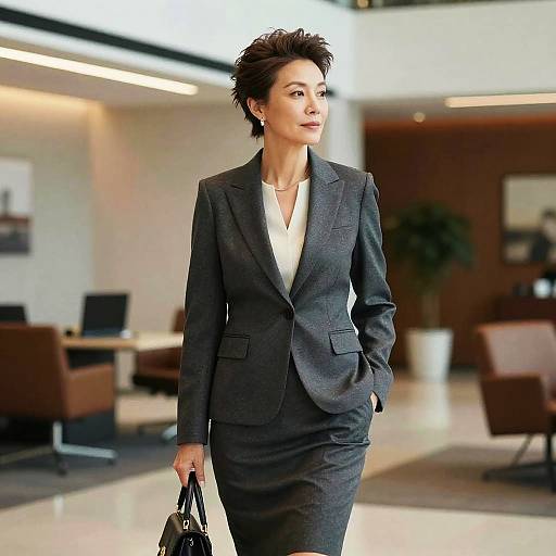 Photograph of a confident, short-haired woman in a dark gray business suit, white blouse, holding a black handbag, walking in a modern,