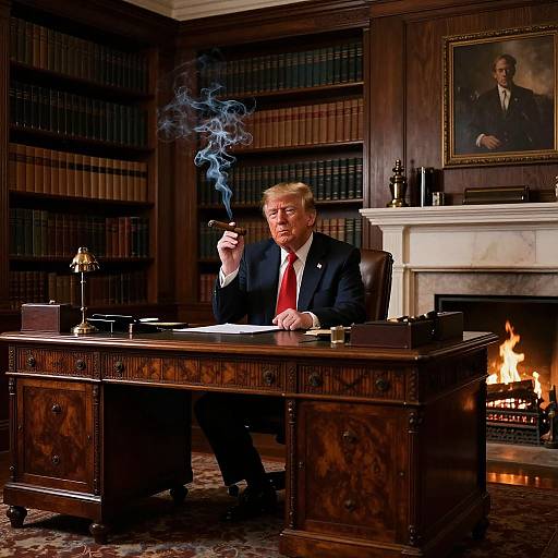 Photograph of Donald Trump, in a dark suit and red tie, smoking a cigar, seated at a wooden desk in a library with bookshelves