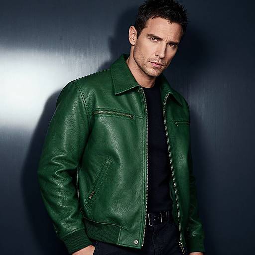 Photograph of a handsome man with short dark hair, green leather jacket, black shirt, and black pants, leaning against a dark, glossy background with