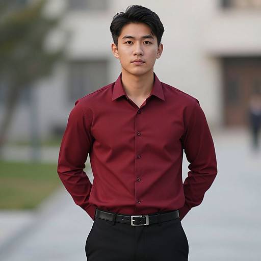 Photograph of an Asian man with short black hair, wearing a maroon button-up shirt and black pants, standing confidently outdoors.