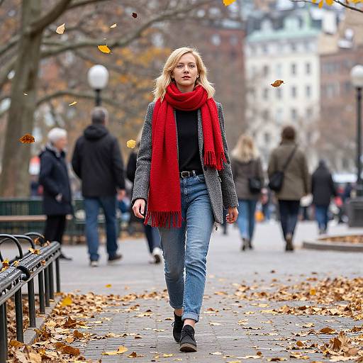 Photograph of a blonde woman with a red scarf, gray jacket, and blue jeans walking on a leaf-strewn park path, surrounded by blurred