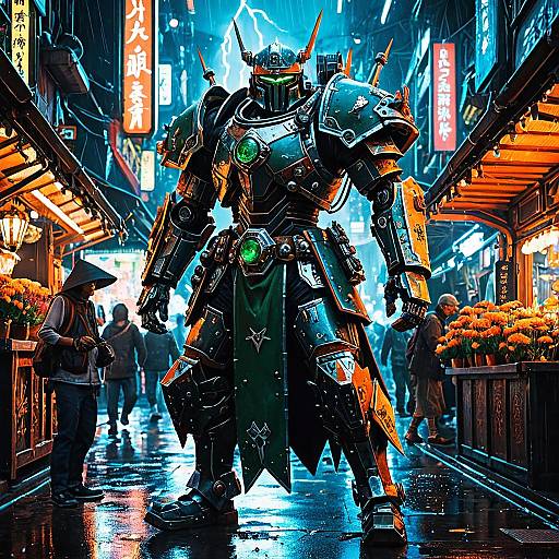 Cyber-Japan Warrior in Neon Street Bazaar