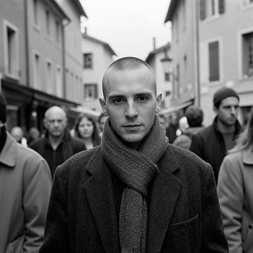 Black-and-white photograph of a bald, serious young man with a thick scarf, standing in a crowded urban street, surrounded by blurred pedestrians.